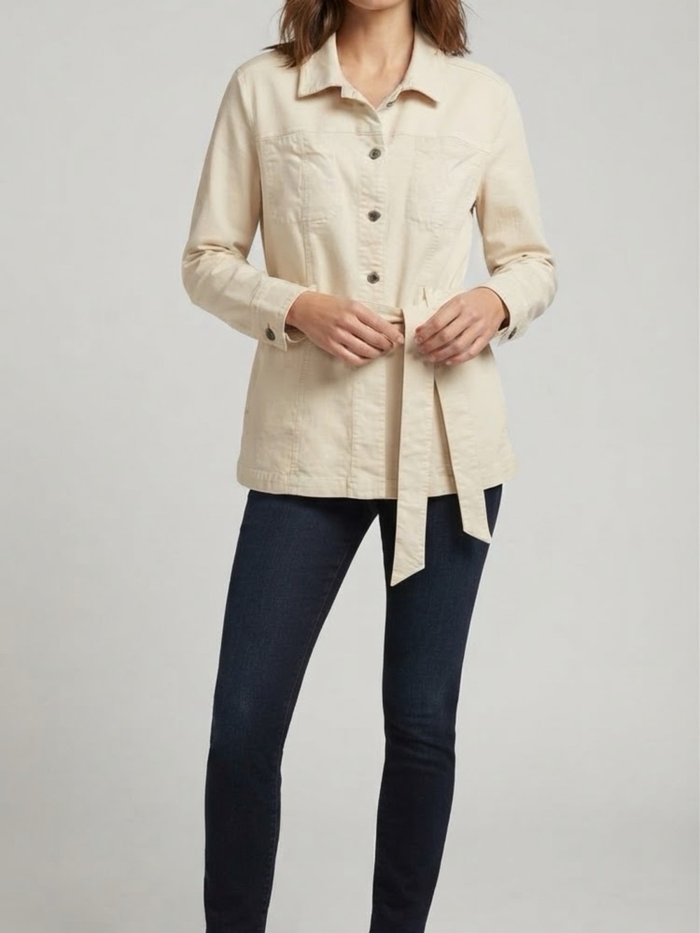 J. Jill Cream Belted Button-Front Jean Jacket